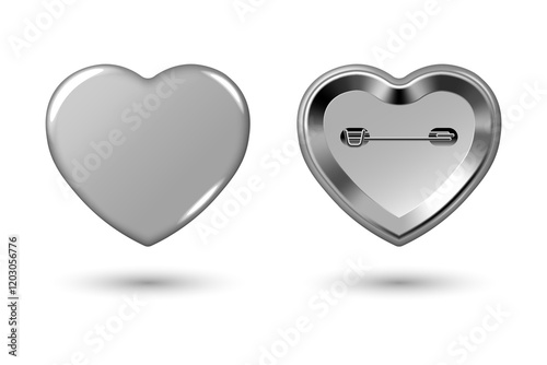 Silver grey heart pin badge mockup. Isolated badge button brooch. Realistic blank heart shape glossy gray button badge pin with metal back cover. 3d Vector illustration.