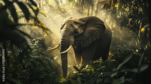 A close-up view of an African forest elephant stepping gently through a thick carpet of leaves, the forest alive with light and shadows.