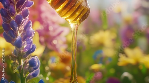 Golden Honey Dripping Over Colorful Flowers photo