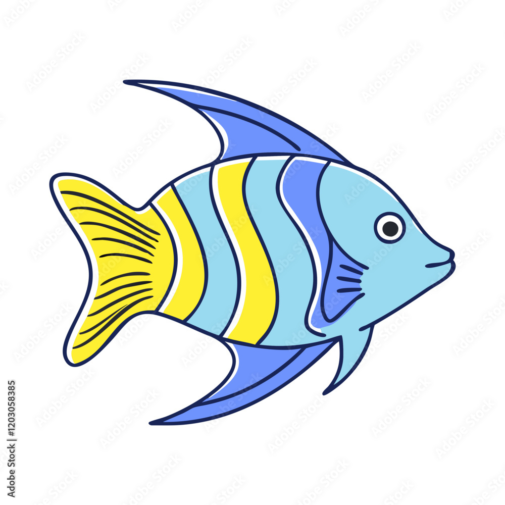 Fototapeta premium Cartoon illustration of a striped tropical fish, Vector cartoon illustration of a tropical fish with blue and yellow stripes, sharp fins, and a vibrant aquatic design. 