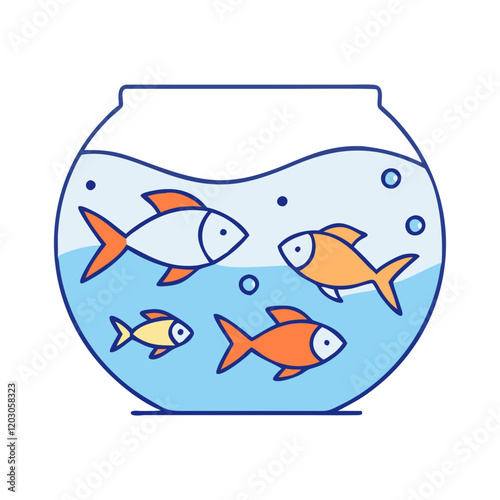 Cartoon illustration of a fishbowl with colorful fish, Vector cartoon illustration of a fishbowl containing vibrant orange and white fish, bubbles, and clean water, showcasing a playful aquatic design