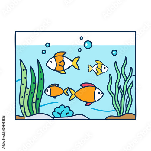 Cartoon illustration of a colorful fish tank, Vector cartoon illustration of a fish tank with vibrant fish, aquatic plants, bubbles, and rocks, showcasing a lively and decorative design.  
