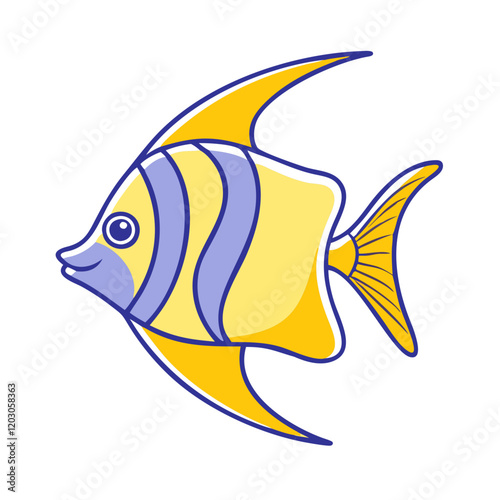 Cartoon illustration of a yellow and blue angelfish, Vector cartoon illustration of an angelfish with bold yellow and blue stripes, flowing fins, and a vibrant tropical aquatic design.  
