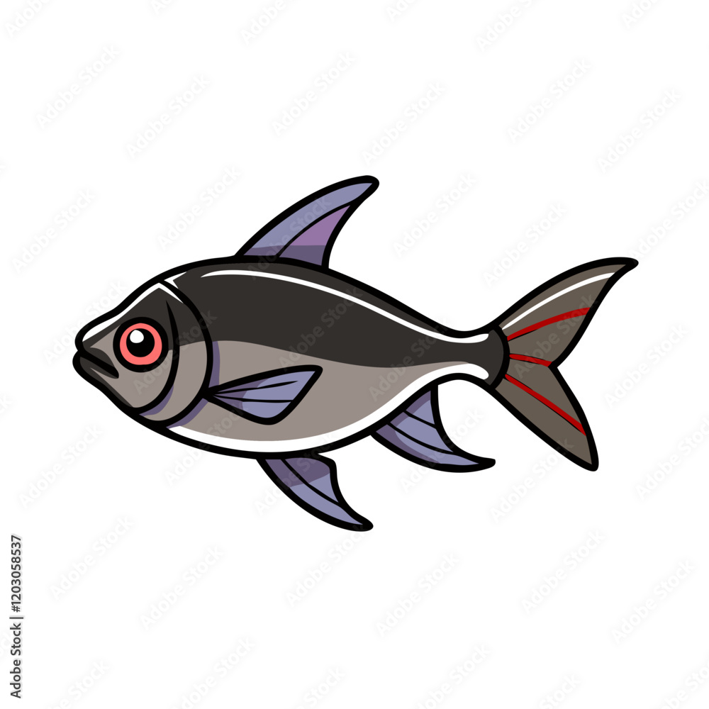 Cartoon illustration of a black and gray fish, Vector cartoon illustration of a fish with a black and gray body, purple fins, red eye detail, and a sleek aquatic design.  
