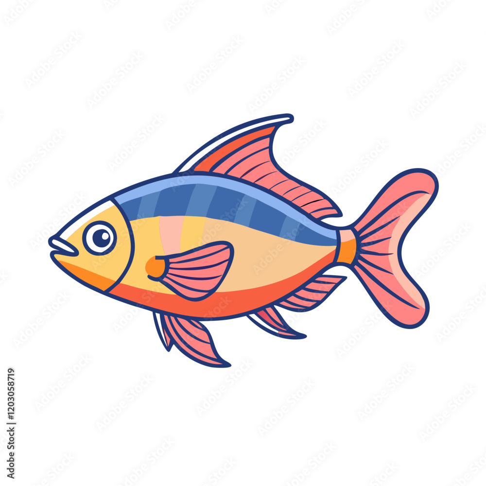 Fototapeta premium Cartoon illustration of a colorful tropical fish, Vector cartoon illustration of a tropical fish with blue, yellow, and pink stripes, accented by red fins, featuring a vibrant aquatic design. 