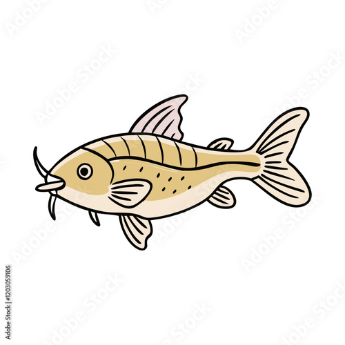 Cartoon illustration of a golden catfish, Vector illustration of a catfish in golden tones with simple cartoon design, featuring fins, whiskers, and aquatic details.  
