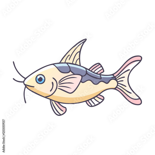 Colorful catfish illustration with whiskers, Vivid illustration of a catfish featuring beige and gray patterns, pink fins, and long whiskers, ideal for freshwater-themed designs. 
