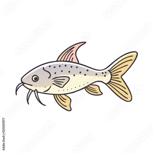 Catfish illustration with soft colors, Detailed illustration of a catfish with soft beige and gray tones, showcasing whiskers and fins, ideal for freshwater-themed designs. 
