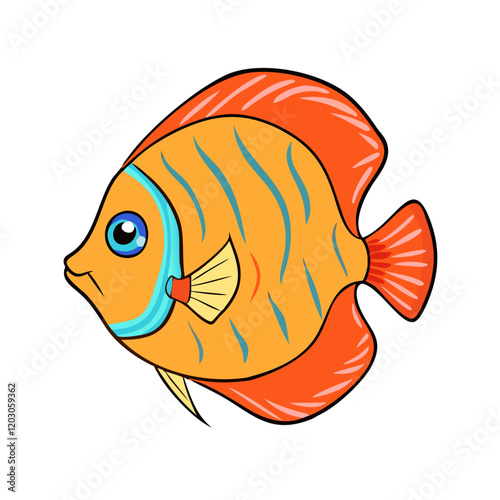 Cartoon tropical fish with orange body and blue stripes, A vibrant cartoon tropical fish featuring an orange body with blue stripes, bold red fins, and a bright eye, perfect for aquatic-themed designs