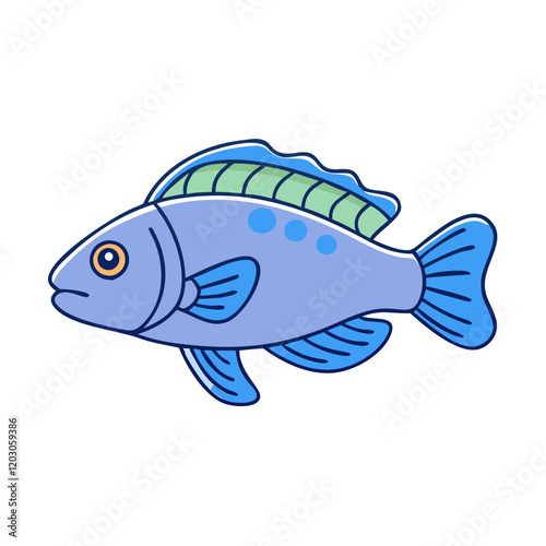 Cartoon fish with blue body and green-striped fin, A cartoon fish featuring a blue body, green-striped dorsal fin, and subtle blue spots, perfect for aquatic-themed designs and illustrations.  

