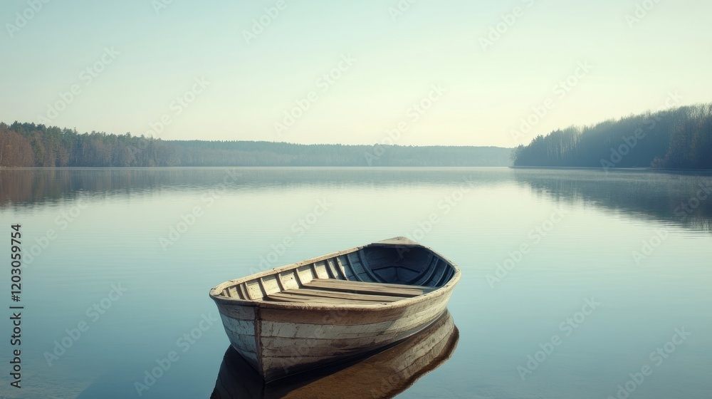 A solitary wooden rowboat rests on a calm lake A solitary wooden rowboat rests on a calm lake