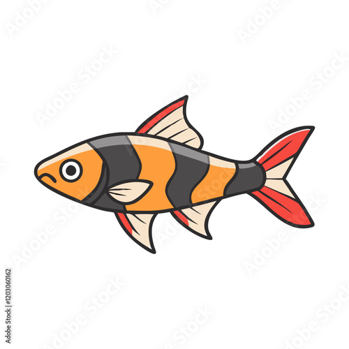 Cartoon fish with orange and black stripes, A cartoon fish featuring bold orange and black stripes with red fins, ideal for aquatic-themed designs and educational materials.  
