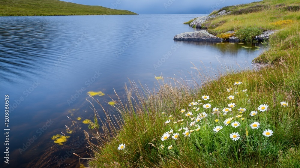 Daisies bloom near a calm serene lake and green hills Daisies bloom near a calm serene lake and green hills