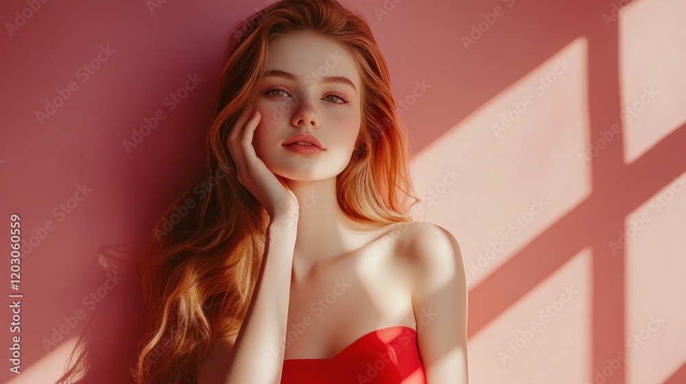 Redhead woman in red dress posing against pink background Redhead woman in red dress posing against pink background