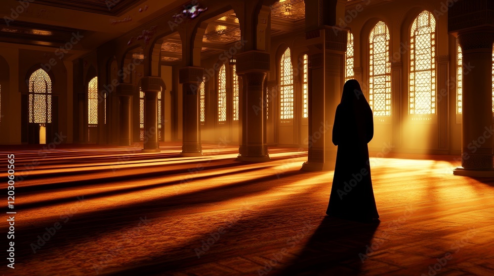 A silhouette in a sunlit hall, highlighting tranquility and contemplation. A silhouette in a sunlit hall, highlighting tranquility and contemplation.