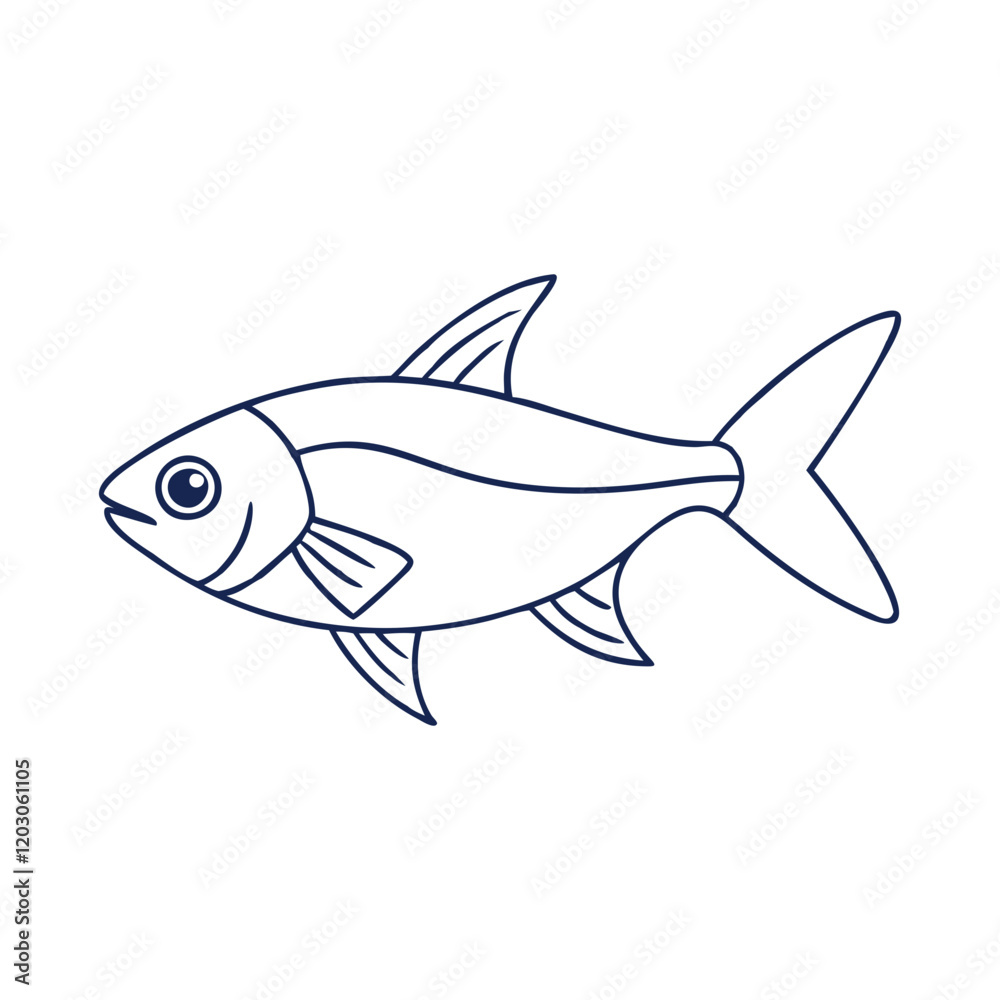 Fototapeta premium Minimalist blue fish line art vector, Vector illustration of a fish in minimalist blue line art, showcasing clean and simple details, perfect for aquatic-themed designs. 