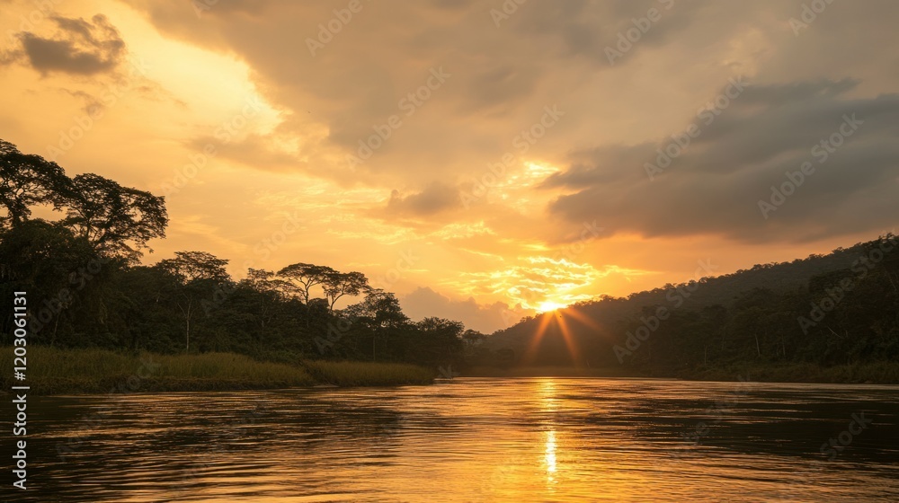 A dramatic sunset scene with an African forest elephant silhouetted against the Lekoli River, highlighting the serene beauty of Odzala-Kokoua National Park A dramatic sunset scene with an African forest elephant silhouetted against the Lekoli River, highlighting the serene beauty of Odzala-Kokoua National Park