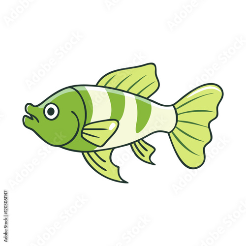 Green striped cartoon fish vector, Vector illustration of a green striped cartoon fish with bold fins and a playful design, perfect for aquatic and decorative themes.  
