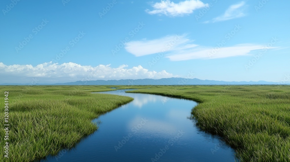 Fototapeta premium Serene Waterway Through Lush Grassland
