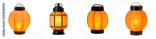 Rows of glowing orange paper lanterns hanging in a display for a traditional Asian festival or The lanterns provide a warm vibrant ambiance and festive atmosphere for the outdoor event