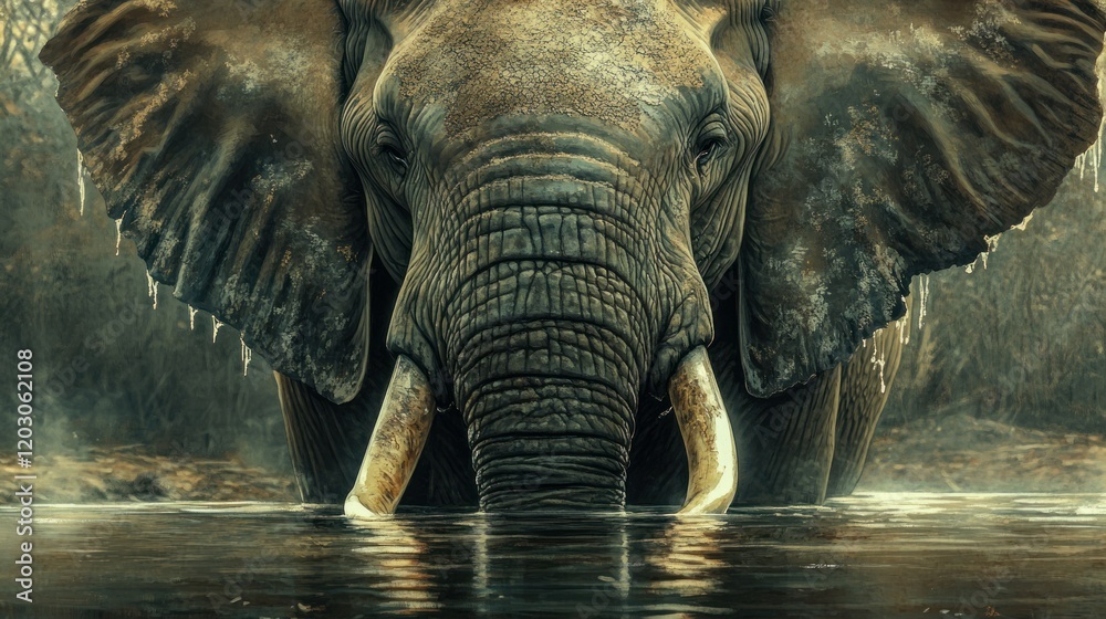 Fototapeta premium A front-facing portrait of an African forest elephant drinking from the Lekoli River, its tusks glinting in the natural light of Odzala-Kokoua National