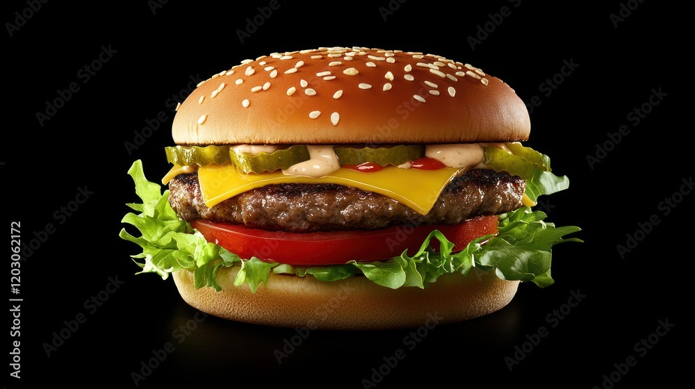 Delicious Sesame Seed Burger with Cheese and Pickles Delicious Sesame Seed Burger with Cheese and Pickles