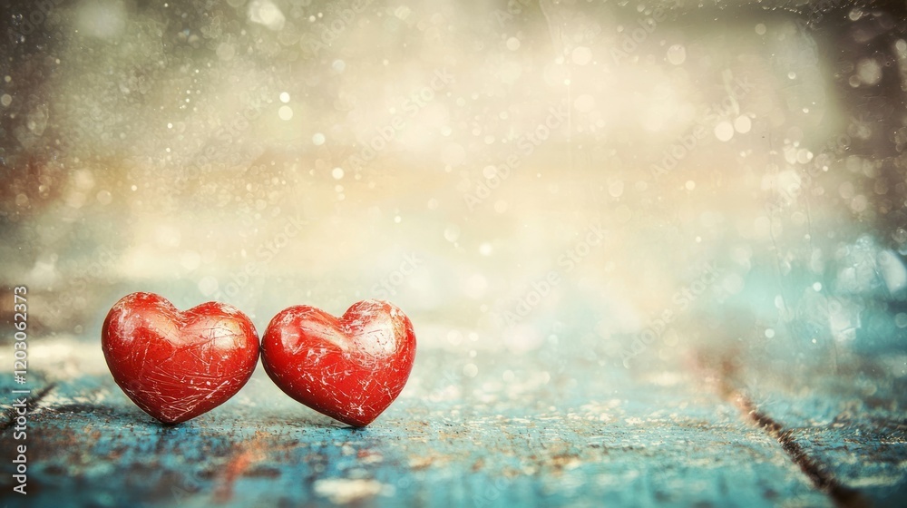 Fototapeta premium Two red hearts on rustic wood, sparkling background
