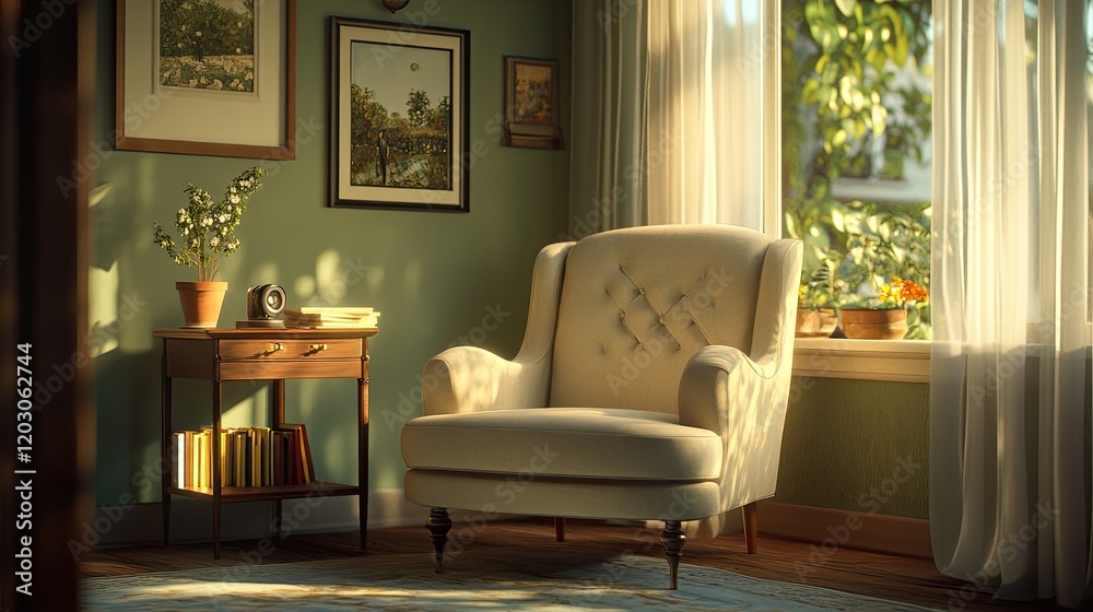 Fototapeta premium Sunlit Room Featuring Comfortable Armchair and Side Table