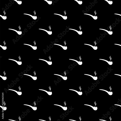 Smoking pipe with smoke icon isolated seamless pattern on black background
