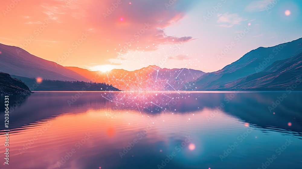 Fototapeta premium Serene Sunset Over Mountain Lake With Network Overlay
