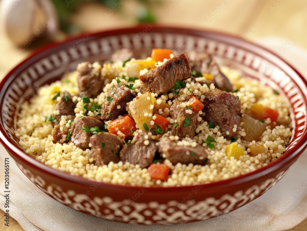 Traditional Moroccan couscous with vegetables and lamb. Featuring a flavorful and aromatic dish. Highlighting the rich ingredients and presentation of the couscous. Ideal for food and cultural themes. Traditional Moroccan couscous with vegetables and lamb. Featuring a flavorful and aromatic dish. Highlighting the rich ingredients and presentation of the couscous. Ideal for food and cultural themes.