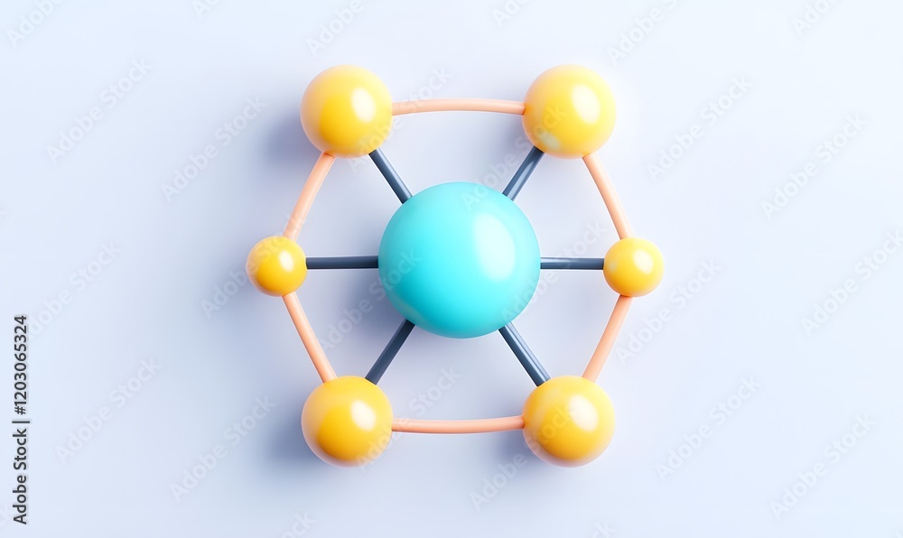 Obraz premium Abstract 3D model of a molecule with a central aqua sphere and six yellow spheres connected by gray rods on a light background.
