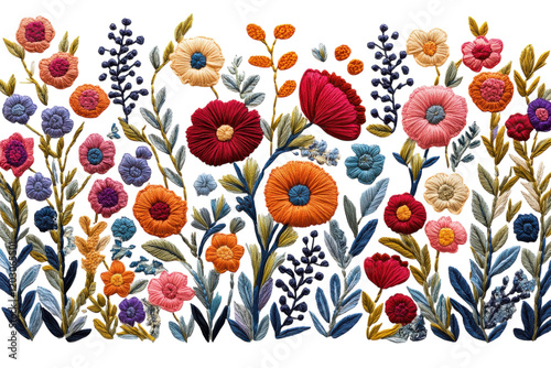 Colorful floral embroidery showcasing vibrant flowers and intricate designs in a decorative arrangement