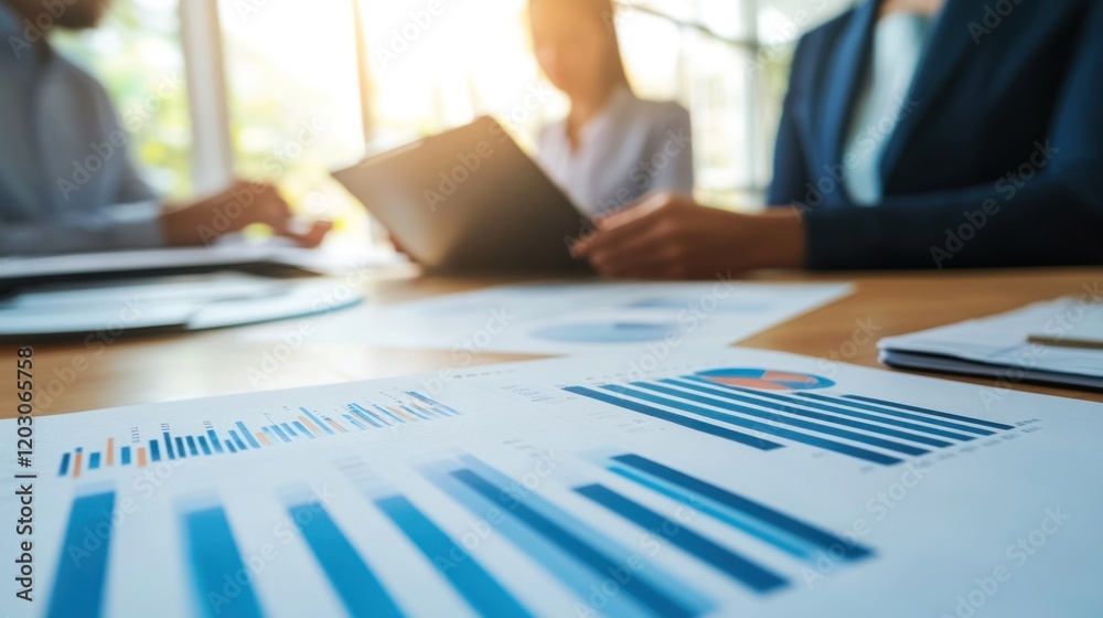 Businesspeople reviewing financial charts and graphs during a meeting Businesspeople reviewing financial charts and graphs during a meeting