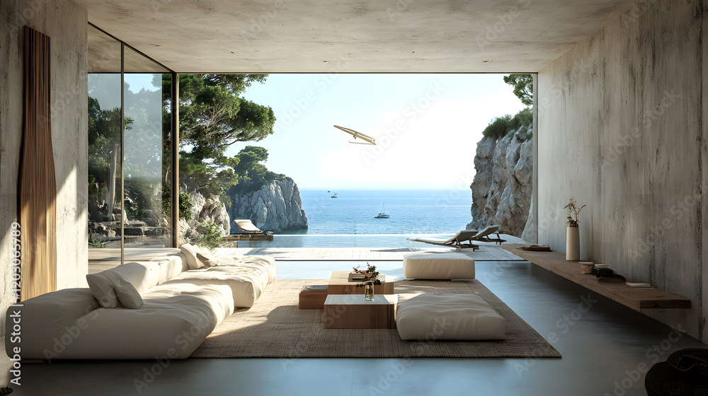 Fototapeta premium Large, open living room with modern decor and an ocean view.