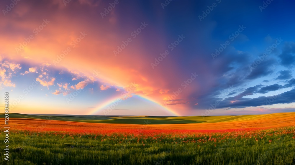 Stunning panoramic view of a vivid rainbow arching gracefully over the serene rolling hills of a vast prairie landscape creating a breathtaking and picturesque natural scene