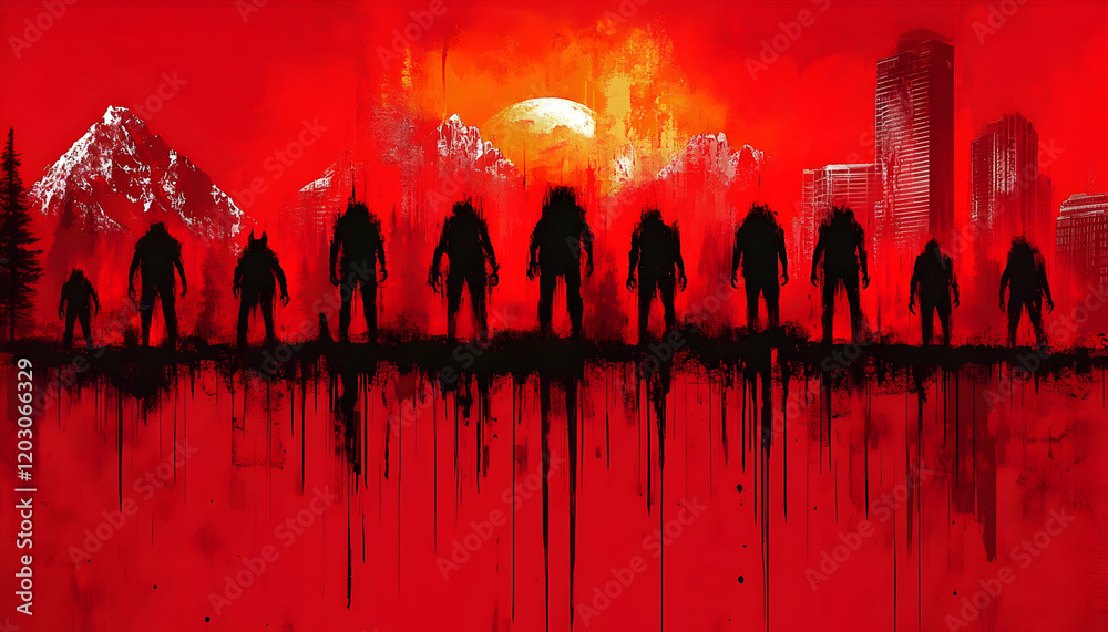 Obraz premium Apocalyptic giants city sunset threat artwork