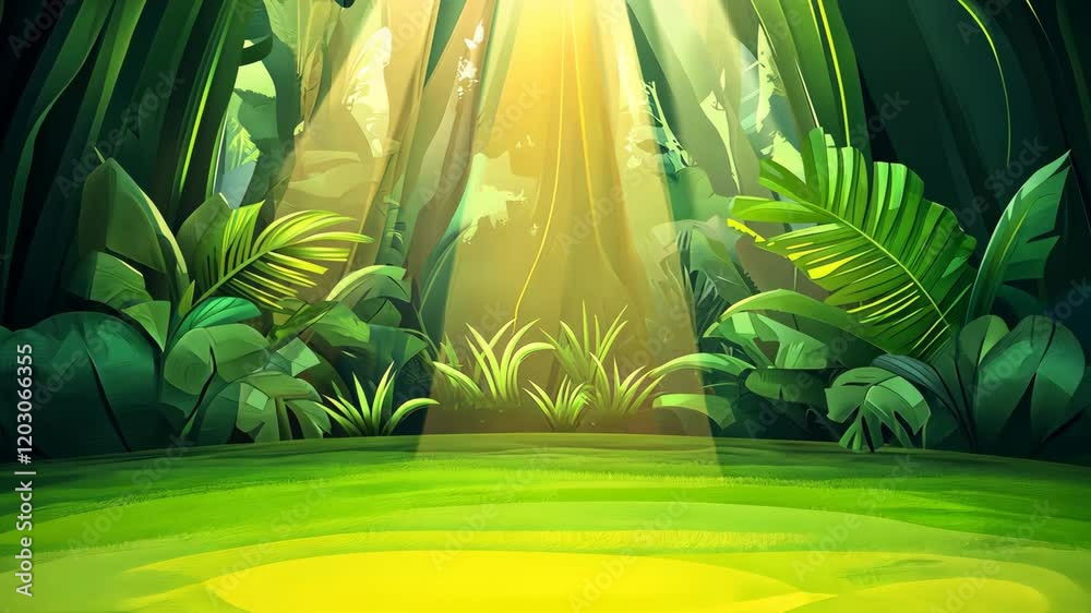 Jungle landscape with sunlight filtering through thick foliage in a lush green environment