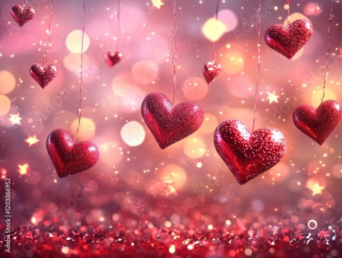 Romantic Valentine s Day Hearts Background Love Romance Celebration Glitter Pink Red Hearts Stars