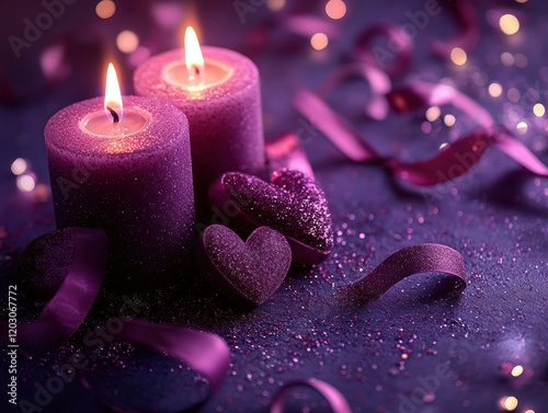 Romantic Valentine s Day Candles Hearts Glitter Purple Ribbons photo