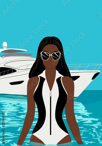 A woman in a bikini is standing in the water next to a boat. The image has a beachy, summery vibe, with the woman and the boat representing leisure and relaxation