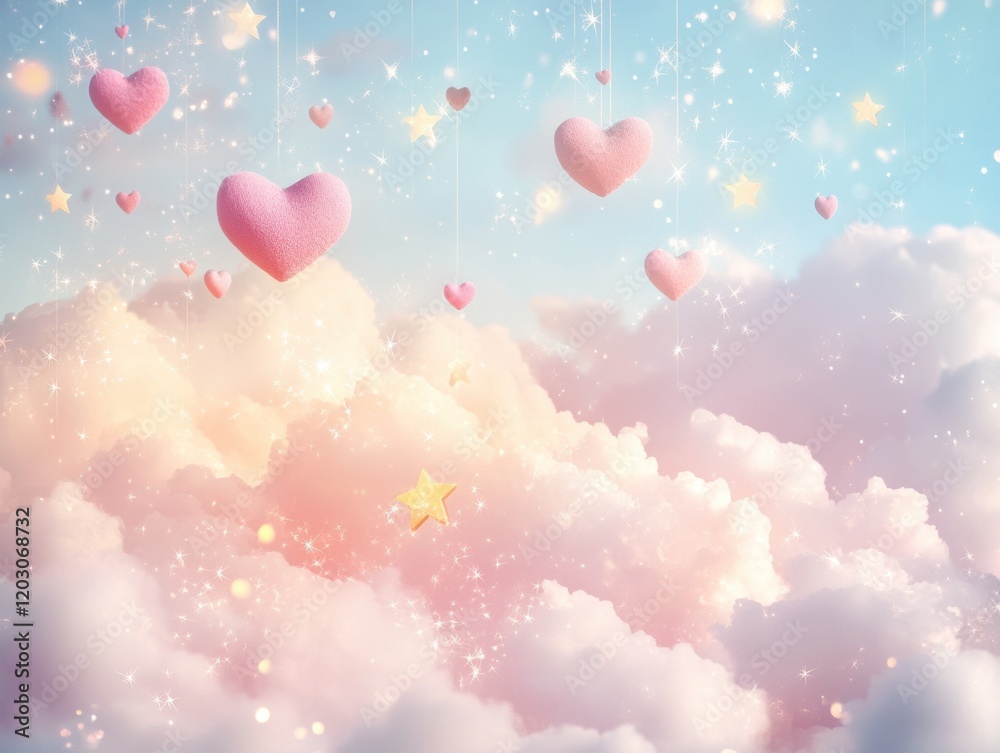 Fototapeta premium Pastel Hearts Stars Clouds Romantic Valentine s Day Background