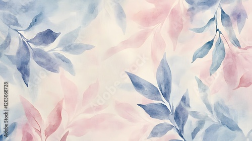 Watercolor Painting of Delicate Blue and Pink Leaves