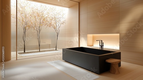 A serene bathroom interior featuring a sleek black bathtub, minimalist design, and a calming view of nature.