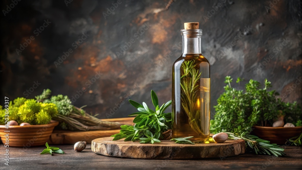 A bottle of artisanal olive oil with a dark glass and wooden cap on a rustic stone countertop surrounded by fresh herbs A bottle of artisanal olive oil with a dark glass and wooden cap on a rustic stone countertop surrounded by fresh herbs