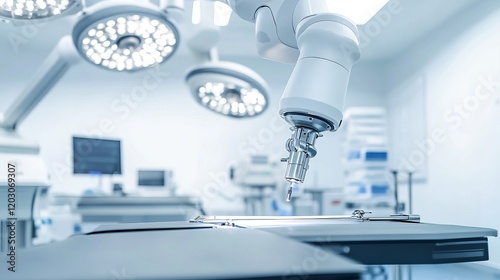 A robot performing automated surgical procedures in a high-tech medical surgery room with advanced robotic surgery tools, clean and sterile environment, Surgical-tech style