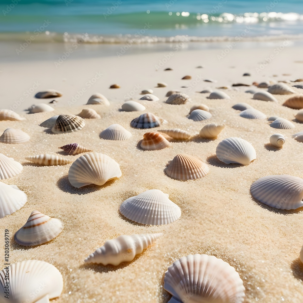Seashells scattered on soft sand beach with ocean in the background Seashells scattered on soft sand beach with ocean in the background
