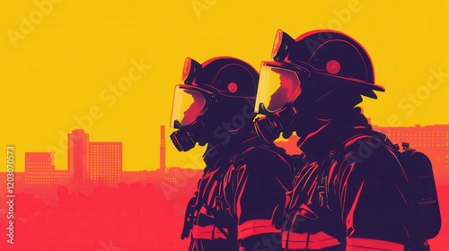 Two firefighters in protective gear stand against a vibrant sunset city skyline backdrop