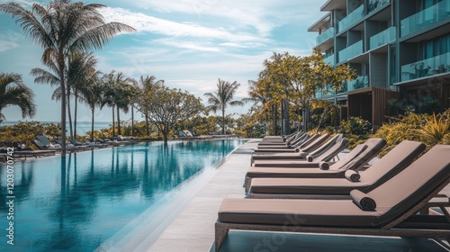 Resort Infinity Pool With Lounge Chairs And Palm Trees