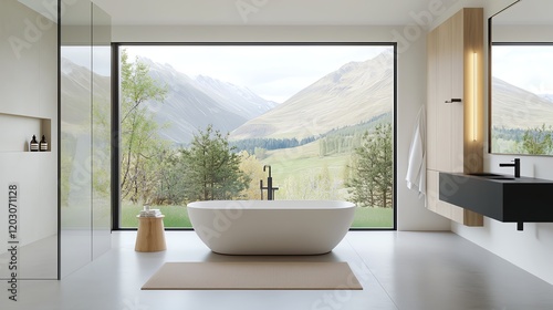 A modern bathroom with a freestanding tub and scenic mountain view through large windows, promoting relaxation and tranquility.